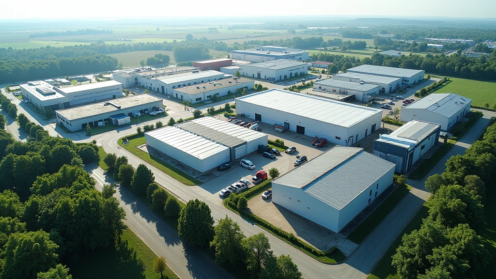 Luftaufnahme einer diversen Gewerbepark-Landschaft mit verschiedenen Fabrikhallen und Handwerksbetrieben