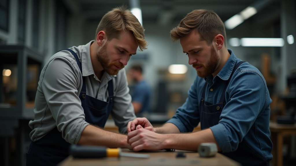 Junger Azubi arbeitet mit Werkzeugen in einer Werkstatt unter Anleitung eines erfahrenen Meisters