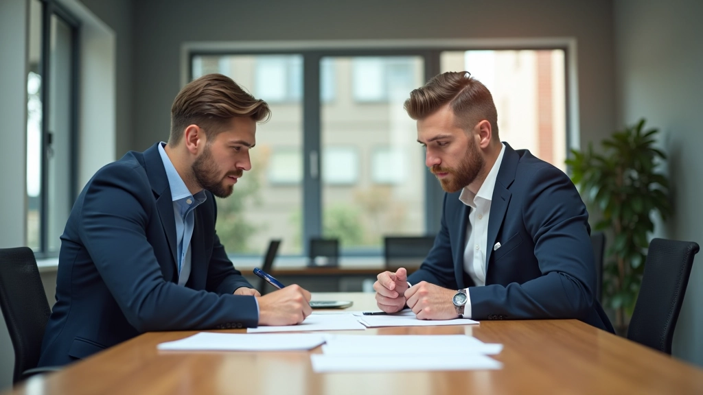 Zwei Geschäftsleute sitzen an einem Konferenztisch und besprechen Geschäftsunterlagen