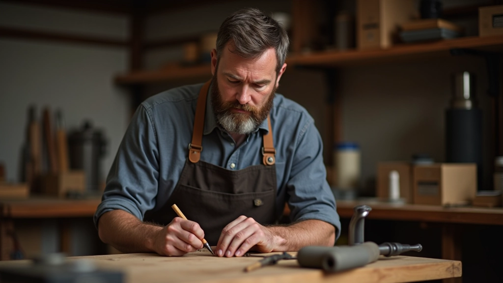 Handwerker arbeitet konzentriert an einer Werkbank in einer modernen Werkstatt mit professioneller Ausrüstung