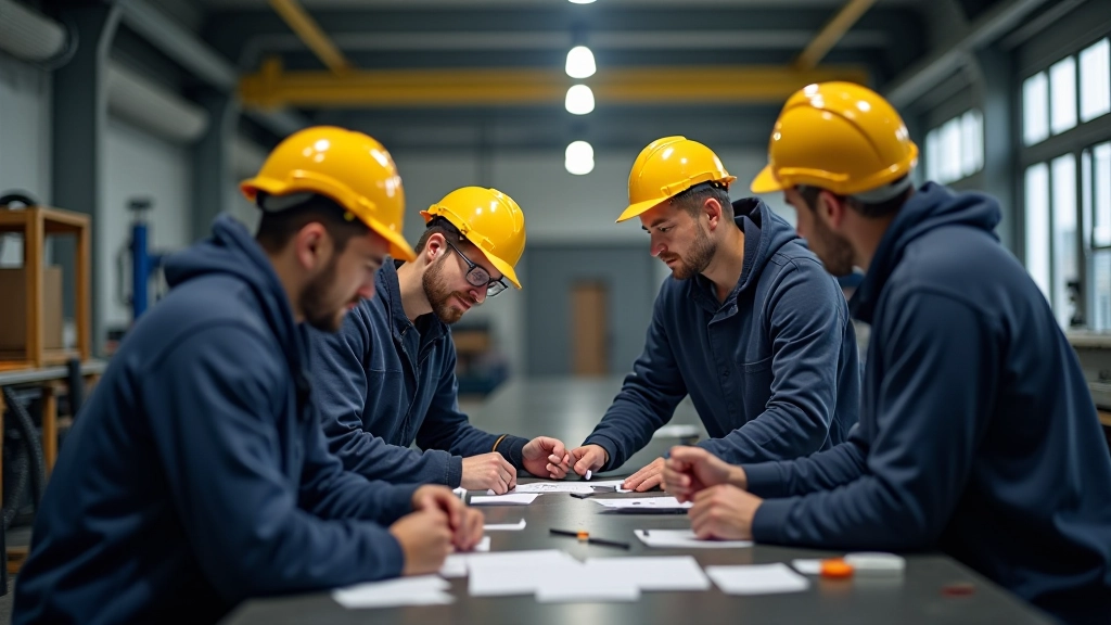 Diverse Gruppe von Azubis und Fachkräften verschiedener Altersgruppen und Herkunft arbeitet gemeinsam in modernem Handwerksbetrieb