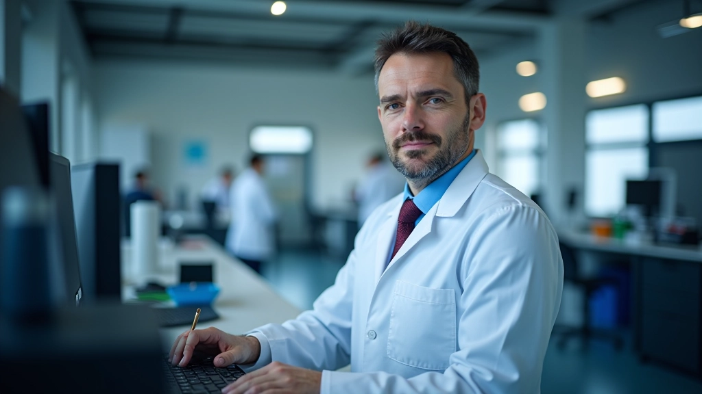 Ingenieur arbeitet an moderner Technologie in einem High-Tech-Laboratorium mit Mikroskop und digitalen Geräten