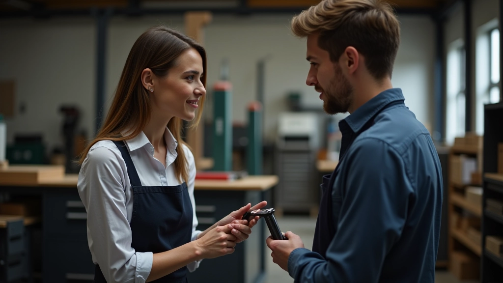 Unternehmerin und Auszubildender besprechen Projektdetails in modernem Handwerksbetrieb