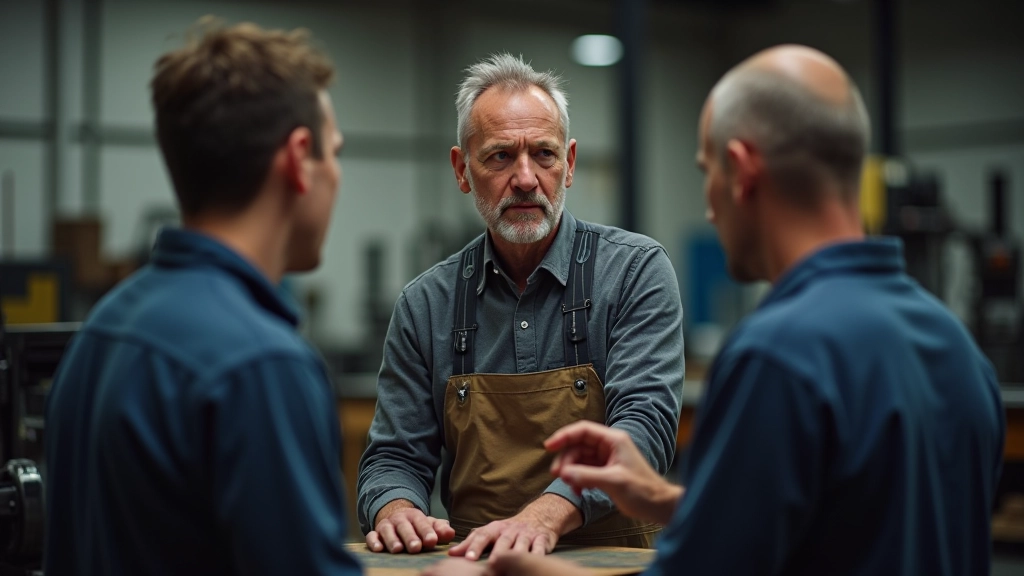 Meister erklärt komplexe Maschine mehreren Azubis im modernen Betriebsraum, alle konzentriert