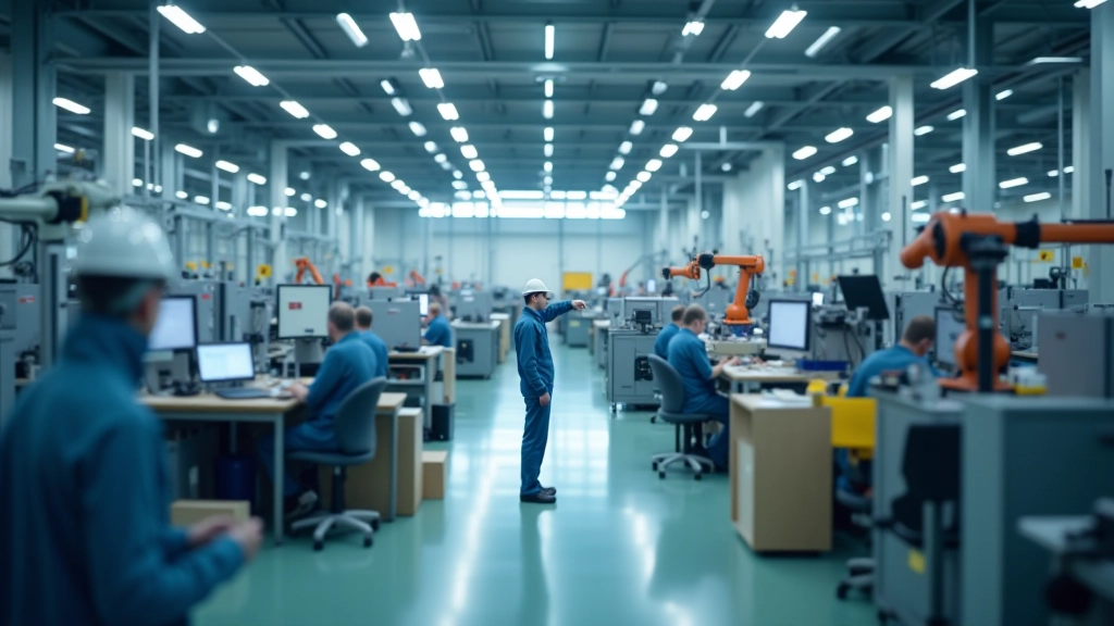 Moderne Fertigungshalle mit automatisierten Maschinen und Robotern bei der Produktion von Industriekomponenten