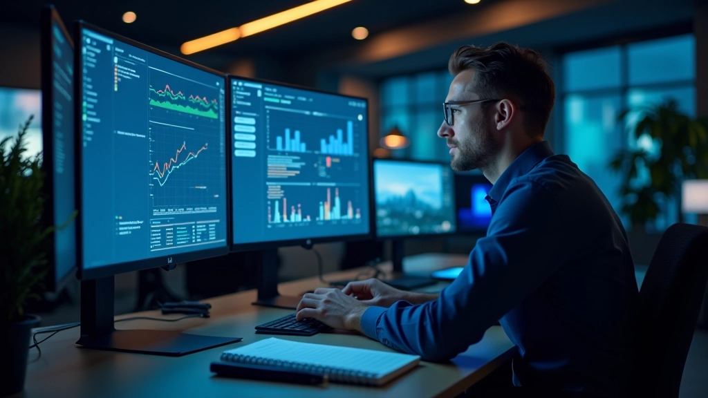 Grafik-Workspace zeigt analytische Daten und Geschäftstrends auf mehreren Monitoren in modernem Tech-Office