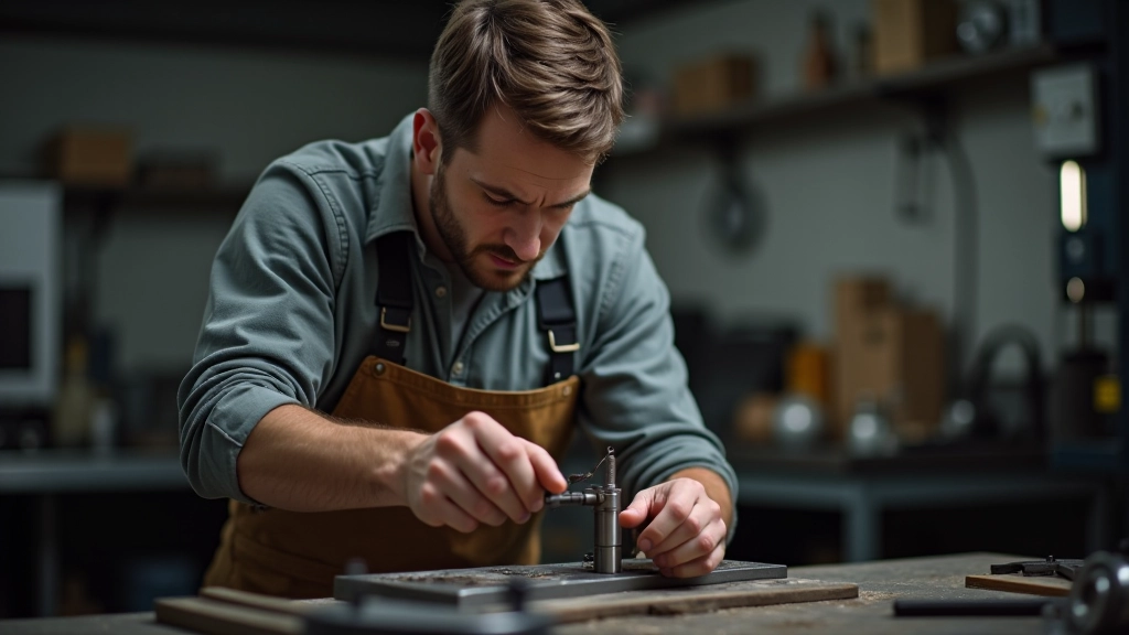 Handwerkmeister arbeitet konzentriert an präziser Metallbearbeitung in einer modernen Werkstatt