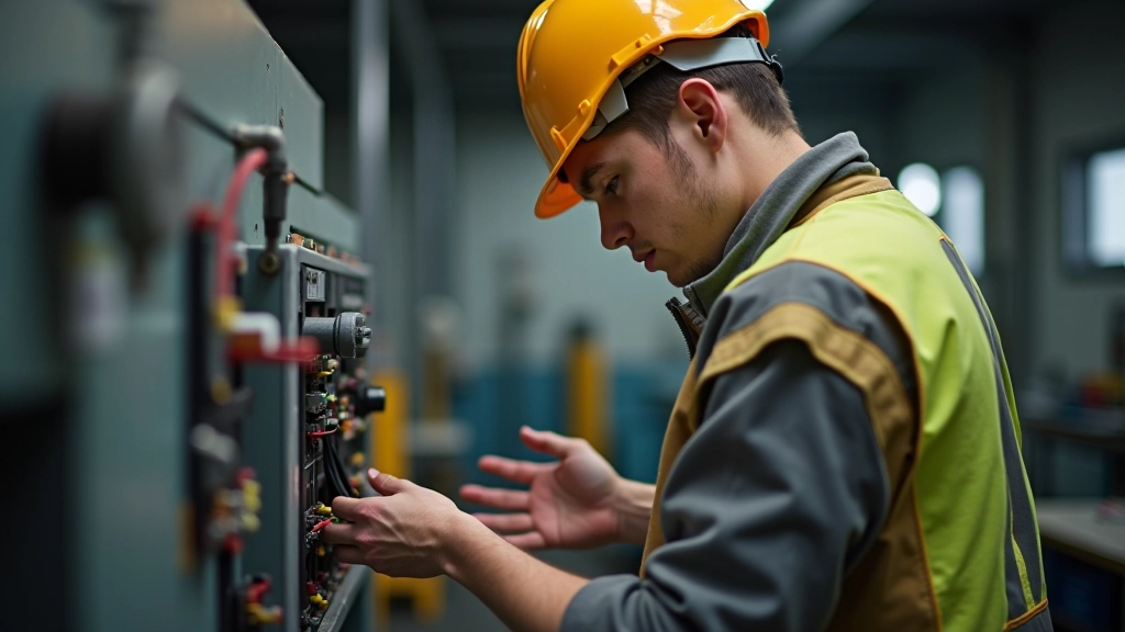 Azubi in Elektrowerkstatt konzentriert bei Verdrahtungsarbeiten an komplexer Anlage