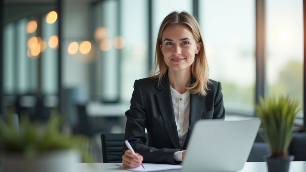 Junge Arbeitnehmerin in einem modernen Büro mit Laptop, konzentriert auf ihre Arbeit, helles Tageslicht von oben
